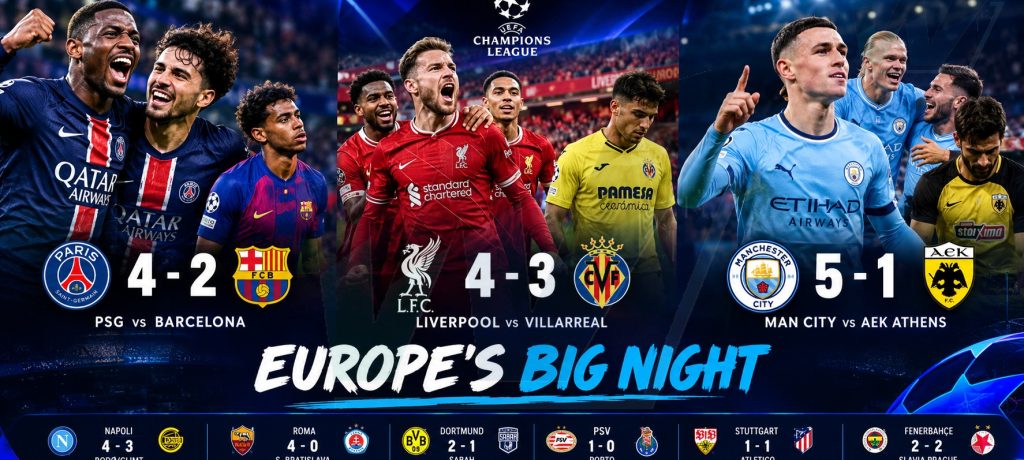 دوري أبطال أوروبا يشعل القارة: باريس يُسقط برشلونة، وليفربول يقلب الطاولة ومانشستر سيتي يكتسح